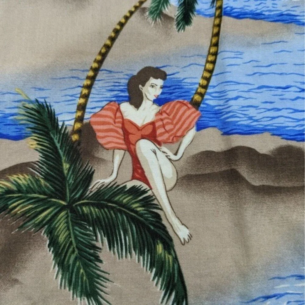 Pierre Cardin Men's Hawaiian Pin-Up Girl‎ Button Shirt Size L Blue Beach Rayon